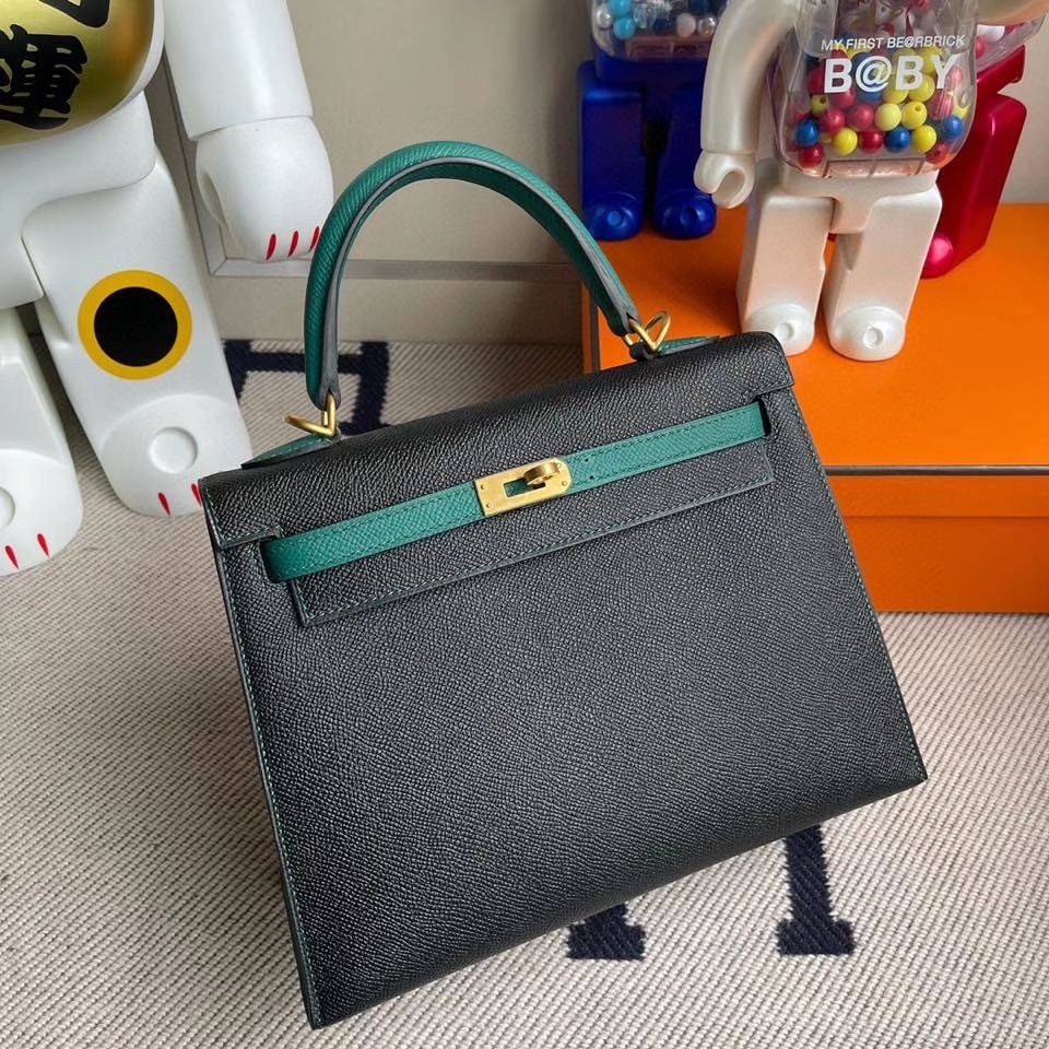Hermès（爱马仕）kelly 25cm Epsom 原厂掌纹皮 ck89 黑色拼 z6 孔雀绿 拉丝金扣 马蹄印 现货