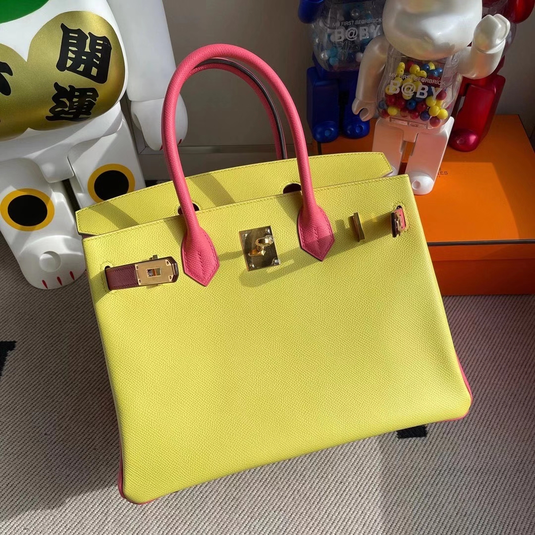 Hermès（爱马仕）Birkin 30cm Epsom 原厂掌纹皮 C9鹅蛋黄拼8W唇膏粉 金扣 马蹄印 顶级手缝