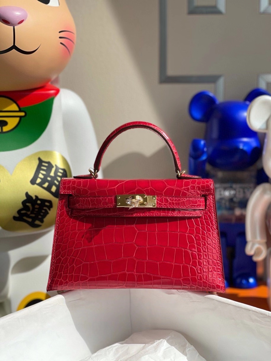 Hermès（爱马仕）Minikelly ll Alligator shiny 亮面鳄鱼 Q5国旗红 金扣 顶级手缝 现货
