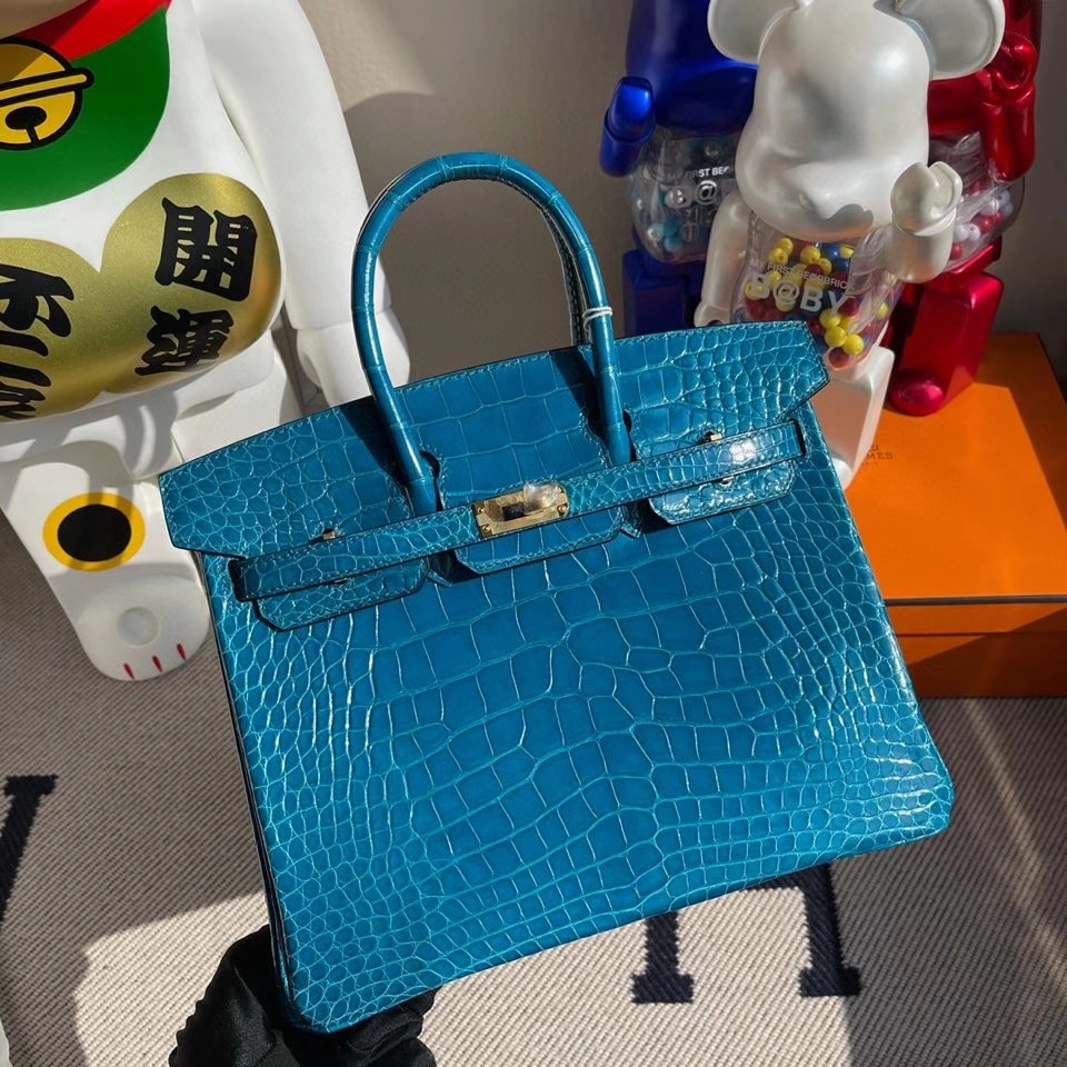 Hermès（爱马仕）Birkin 25cm Alligator shiny 亮面鳄鱼 7w 伊兹密尔蓝 金扣 银扣  顶级手缝 现货