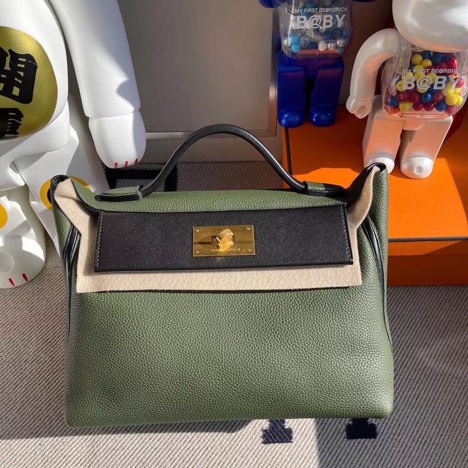 Hermès（爱马仕）2424 29cm 橄榄绿拼黑色 金扣 顶级手缝