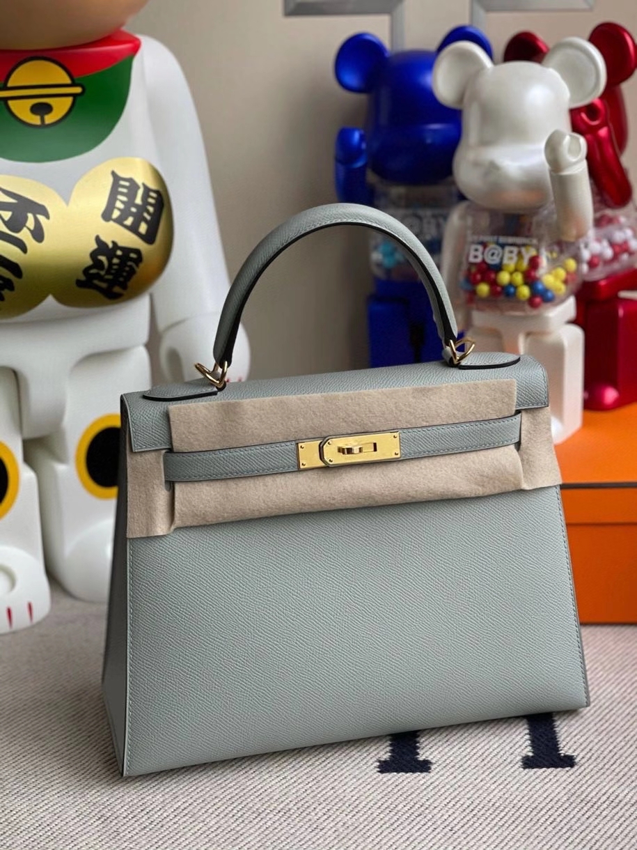 Hermès（爱马仕）Kelly 28cm Epsom 原厂掌纹皮 8U 冰川蓝 金扣 顶级手缝