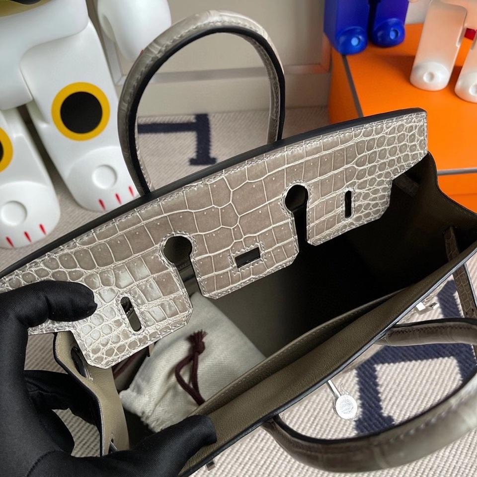Hermès（爱马仕）Birkin 25cm Porosus shiny 亮面鳄鱼 ck81 斑鸠灰 银扣 顶级手缝