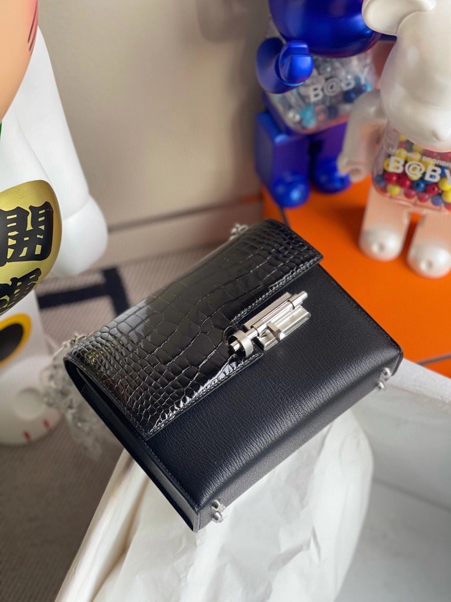 Hermès（爱马仕）Verrou 17cm Chevre 山羊皮拼鳄鱼 黑色 银扣 顶级手缝 定制