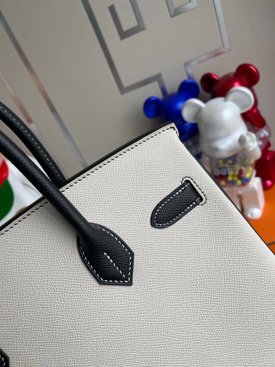 Hermès（爱马仕）Birkin 30cm Epsom 原厂掌纹皮  ck10奶昔白Craie拼 ck89 黑色 Noir 拉丝金扣 马蹄印