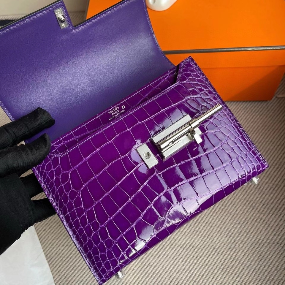 Hermès（爱马仕）Verrou 17cm Alligator shiny 亮面鳄鱼5L 极度紫 银扣 顶级手缝 定制