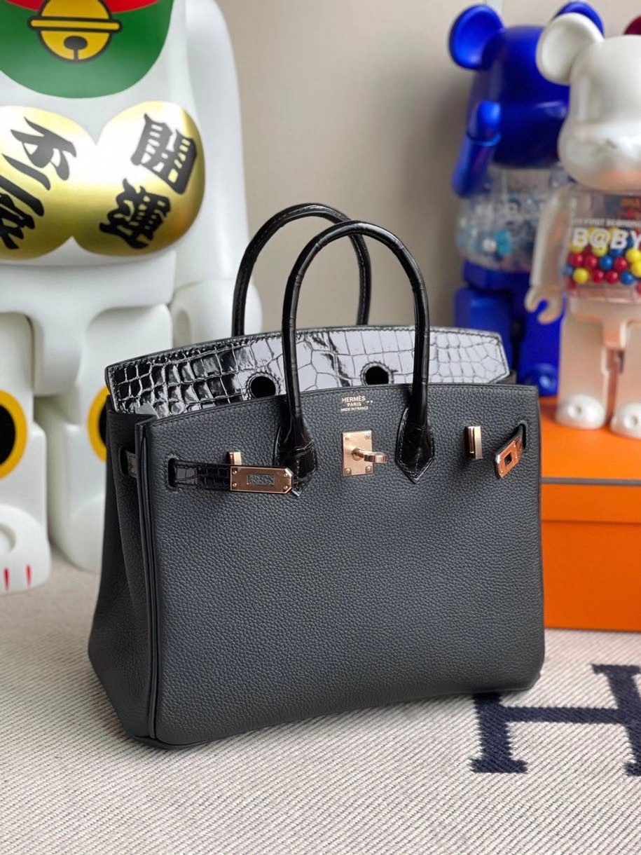 Hermès(爱马仕)Touch系列 Birkin 25cm 黑色 拼亮面鳄鱼 玫瑰金扣 Rose gold-拉尔森鳄鱼皮具定制 - 爱马仕包包官网 Hermès(爱马仕)Touch系列 Birkin 25cm 黑色 拼亮面鳄鱼 玫瑰金扣 Rose gold