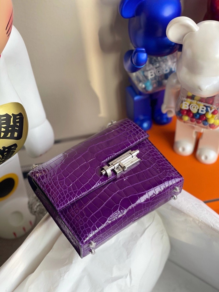 Hermès（爱马仕）Verrou 17cm Alligator shiny 亮面鳄鱼5L 极度紫 银扣 顶级手缝 定制