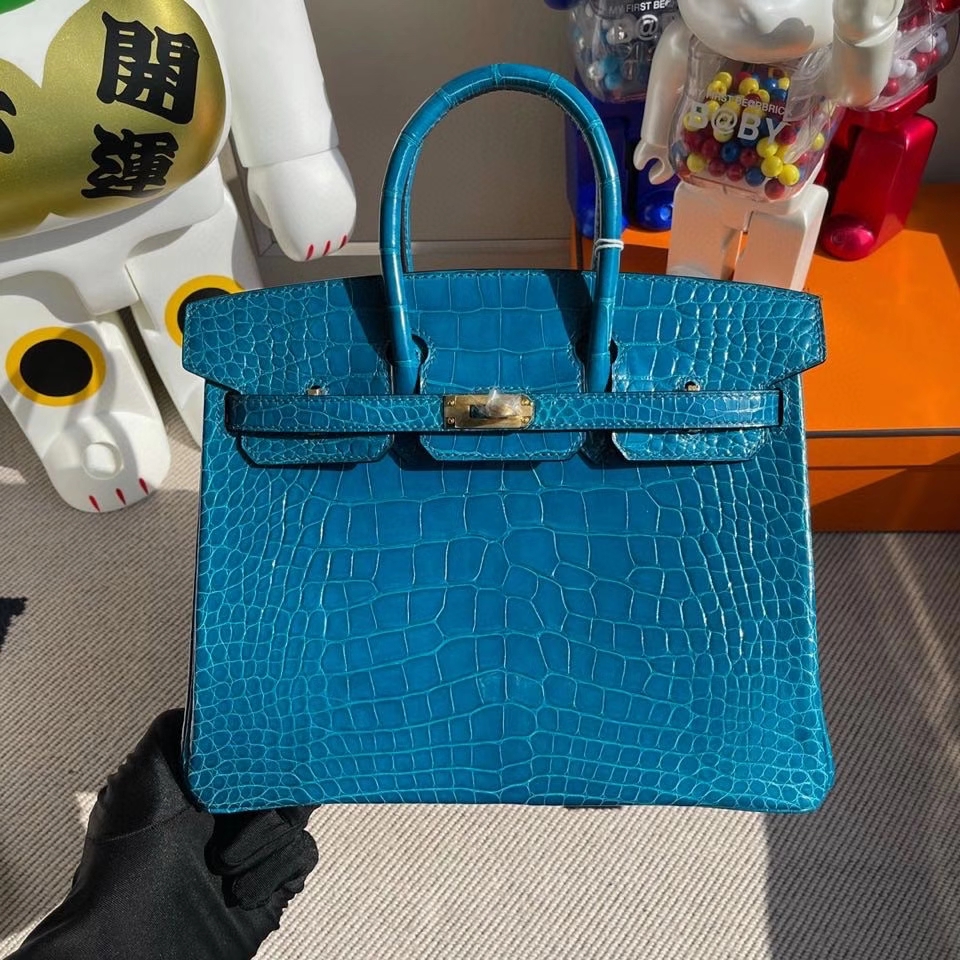Hermès（爱马仕）Birkin 25cm Alligator shiny 亮面鳄鱼 7w 伊兹密尔蓝 金扣 银扣  顶级手缝 现货