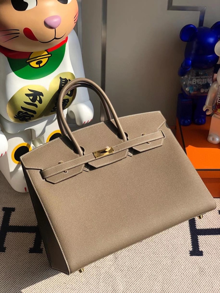Hermès（爱马仕）Birkin 35cm Epsom 原厂掌纹皮 外缝 ck18 大象灰 Etoupe 金扣 顶级手缝 定制