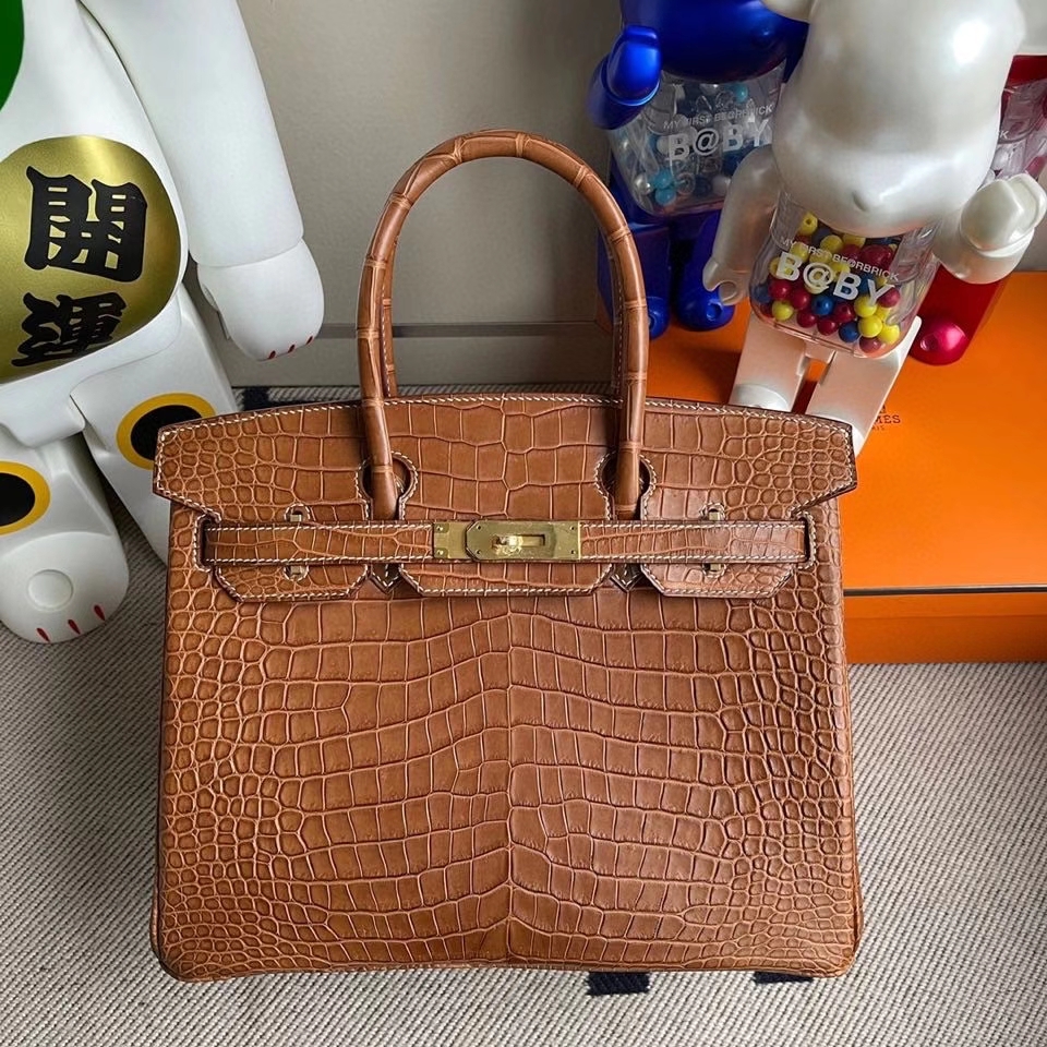 Hermès（爱马仕）Birkin 30cm Porosus matt 雾面鳄鱼 棕色 金扣 顶级手缝 定制