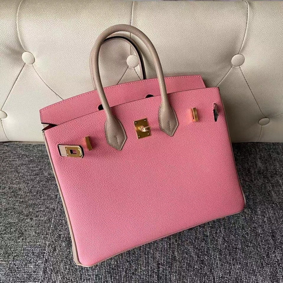 Hermès（爱马仕）Birkin 25cm 原厂掌纹皮 Epsom 1Ｑ奶昔粉 拼 s2风衣灰 金扣 马蹄印 顶级手缝