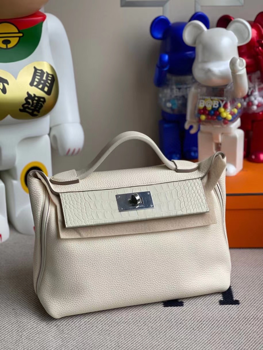 Hermès（爱马仕）2424 29cm ck10 奶昔白拼鳄鱼 银扣 顶级手缝 定制