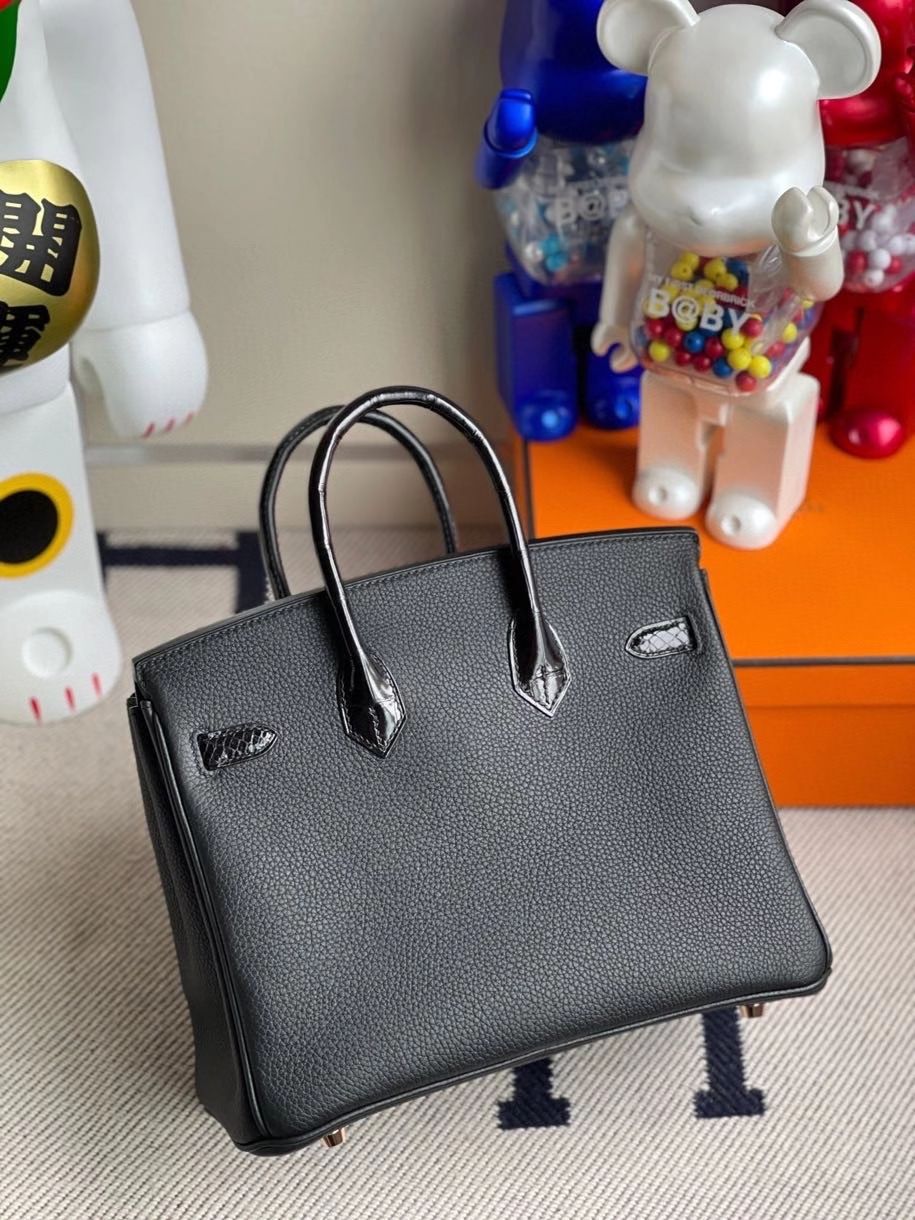 Hermès（爱马仕）Touch系列 Birkin 25cm 黑色 拼亮面鳄鱼 玫瑰金扣 Rose gold