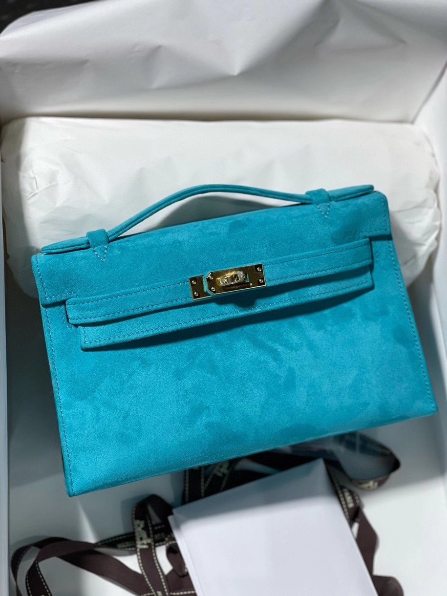 Hermès（爱马仕）mini kelly pochette 22cm 麂皮 孔雀蓝 金扣 顶级手缝 定制