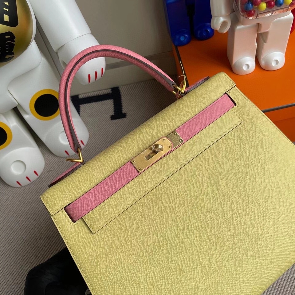 Hermès（爱马仕）kelly 28cm Epsom 原厂掌纹皮 1Z 小鸡黄拼1Ｑ奶昔粉 拉丝金扣 马蹄印 顶级手缝