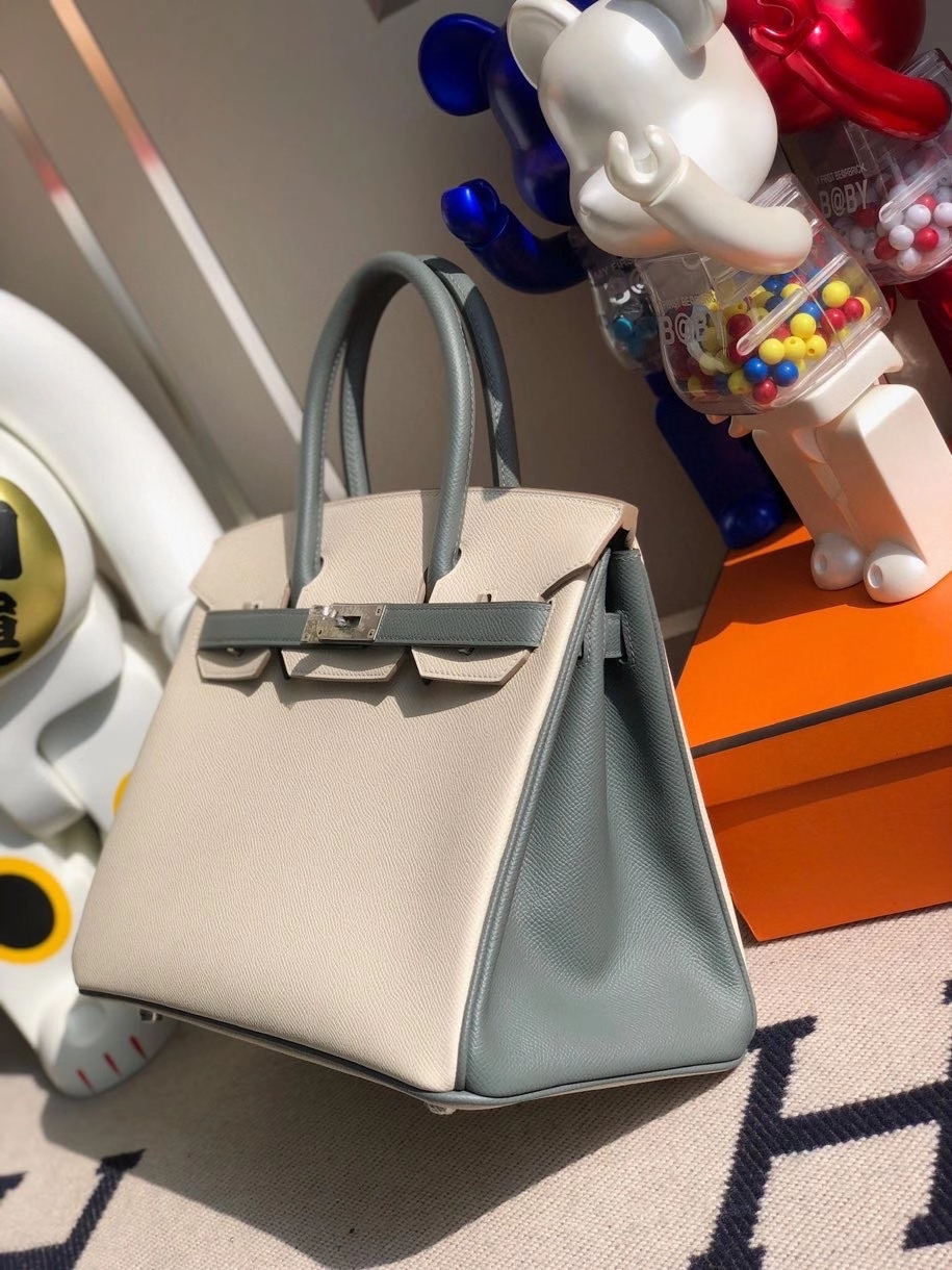 Hermès（爱马仕）Birkin 30cm Epsom 原厂掌纹皮 ck10 奶昔白Craie 拼 cc63 杏绿色 拉丝银扣 马蹄印 顶级手缝