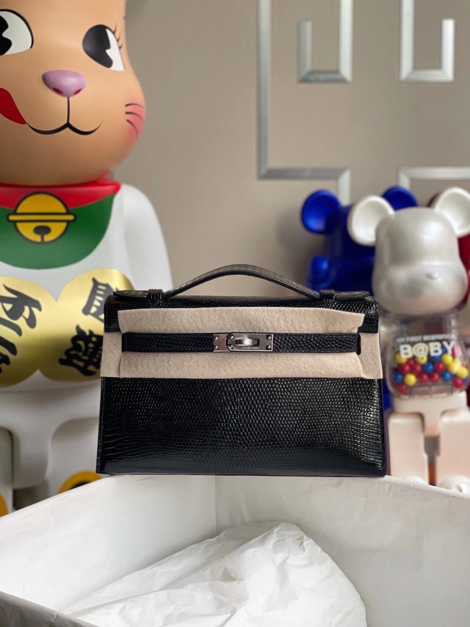 Hermès（爱马仕）Mini kelly pochette 22cm Lizard 进口亮面蜥蜴 ck89 黑色 Noir 银扣 晚宴包