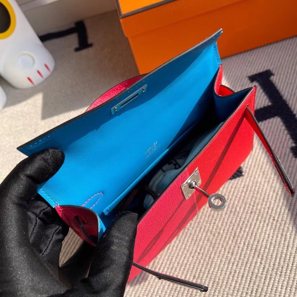 Hermès（爱马仕）Mini kelly ll Epsom 原厂掌纹皮 极致粉心红色 内拼 坦桑尼亚蓝 银扣 顶级手缝 现货