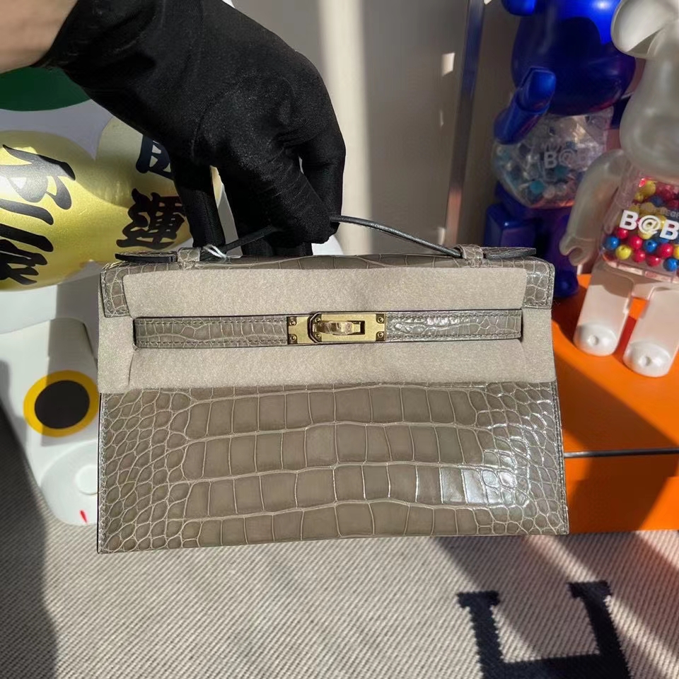 Hermès（爱马仕）Mini kelly pochette 22cm Alligator shiny 亮面鳄鱼 ck81 斑鸠灰 金扣 顶级手缝 晚宴包