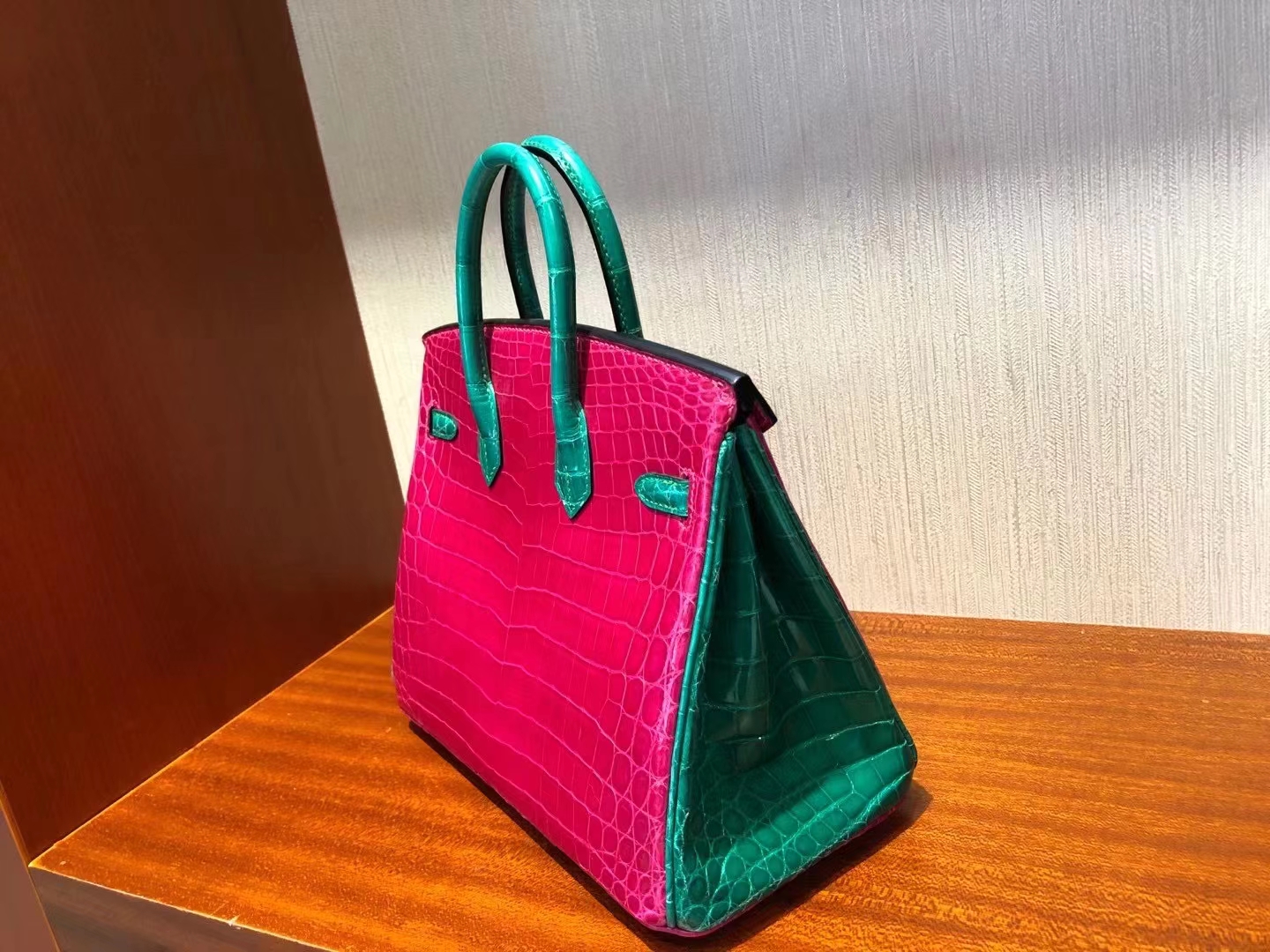 Hermès（爱马仕）Birkin 25cm 天方夜谭粉紫 拼 翡翠绿 金扣 亮面鳄鱼 顶级手缝