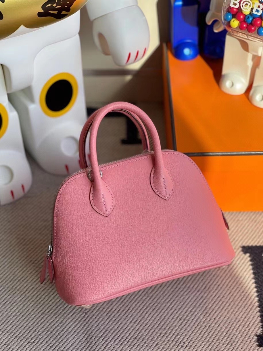Hermès（爱马仕）Mini Bolide 山羊皮 1Ｑ奶昔粉 银扣 顶级手缝 现货