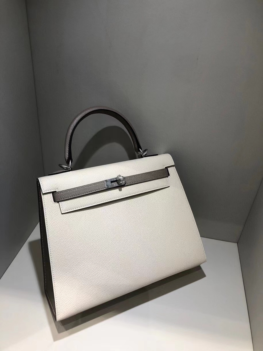 Hermès（爱马仕）Kelly 25cm Epsom 原厂掌纹皮 ck10 奶昔白Craie  M8 沥青灰 gris ashpite 拉丝银扣