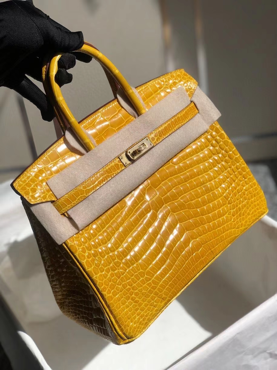 Hermès（爱马仕）Birkin 25cm Porosus shiny 亮面澳洲鳄鱼 9Ｄ 琥珀黄 Ambre 金扣 顶级手缝 现货