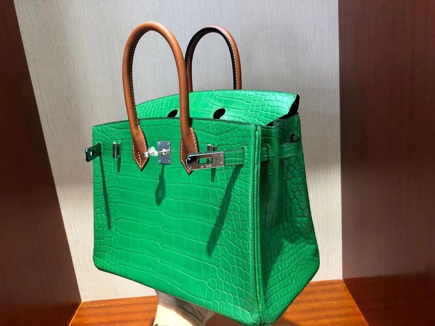 Hermès（爱马仕）Birkin 25cm Alligator matt 竹子绿拼马鞍皮棕色手腕 银扣 顶级手缝