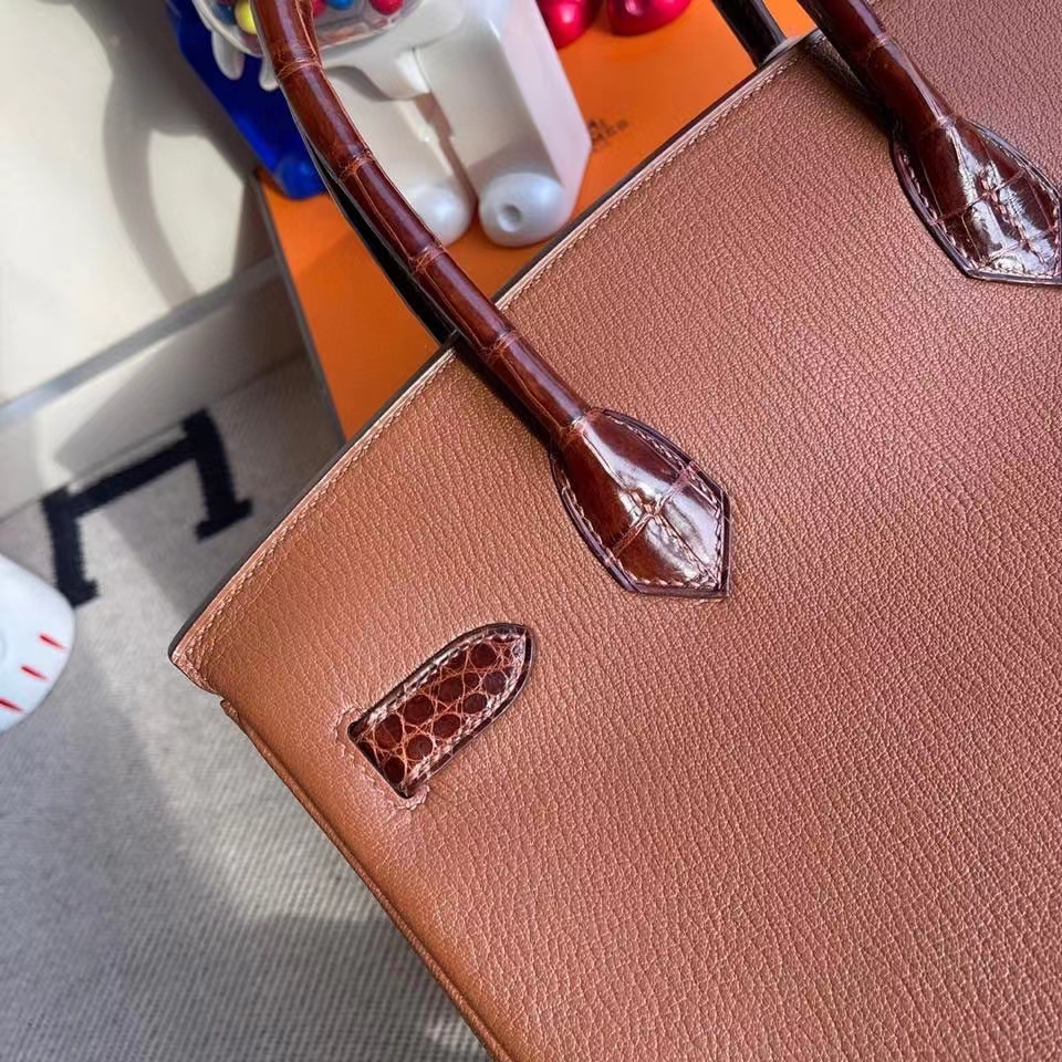 Hermès（爱马仕）Birkin 30cm 山羊皮 Chevre 蜜糖棕拼亮面鳄鱼 蜜糖棕 银扣 顶级手缝 定制