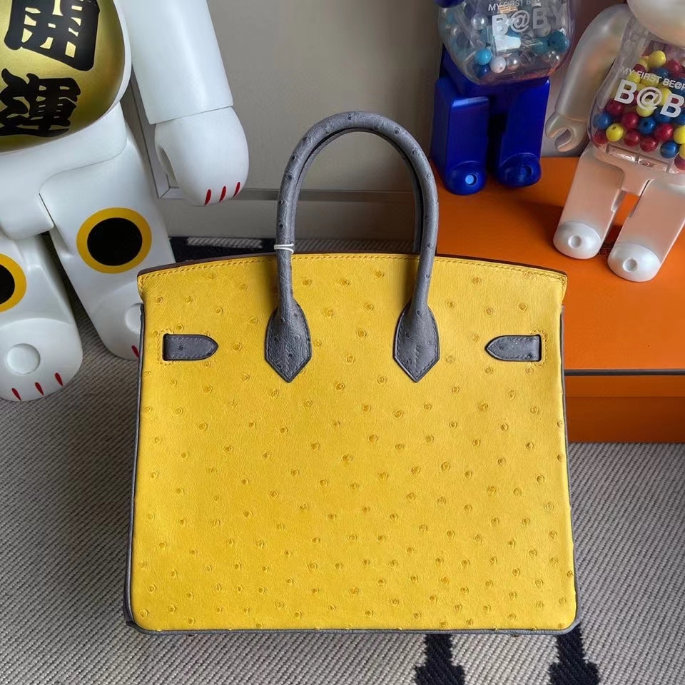 Hermès（爱马仕）Birkin 25cm Ostrich kk鸵鸟9Ｄ琥珀黄 拼 玛瑙灰 金扣 马蹄印 顶级手缝