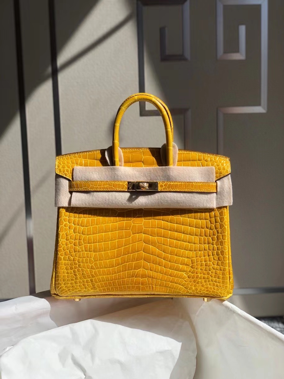 Hermès（爱马仕）Birkin 25cm Porosus shiny 亮面澳洲鳄鱼 9Ｄ 琥珀黄 Ambre 金扣 顶级手缝 现货