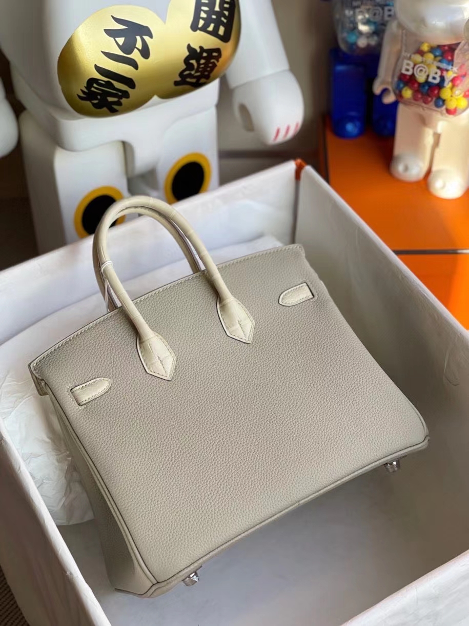 Hermès（爱马仕）Birkin 25cm Touch 系列！ck80 珍珠灰 拼雾面方块奶油白 银扣 顶级手缝