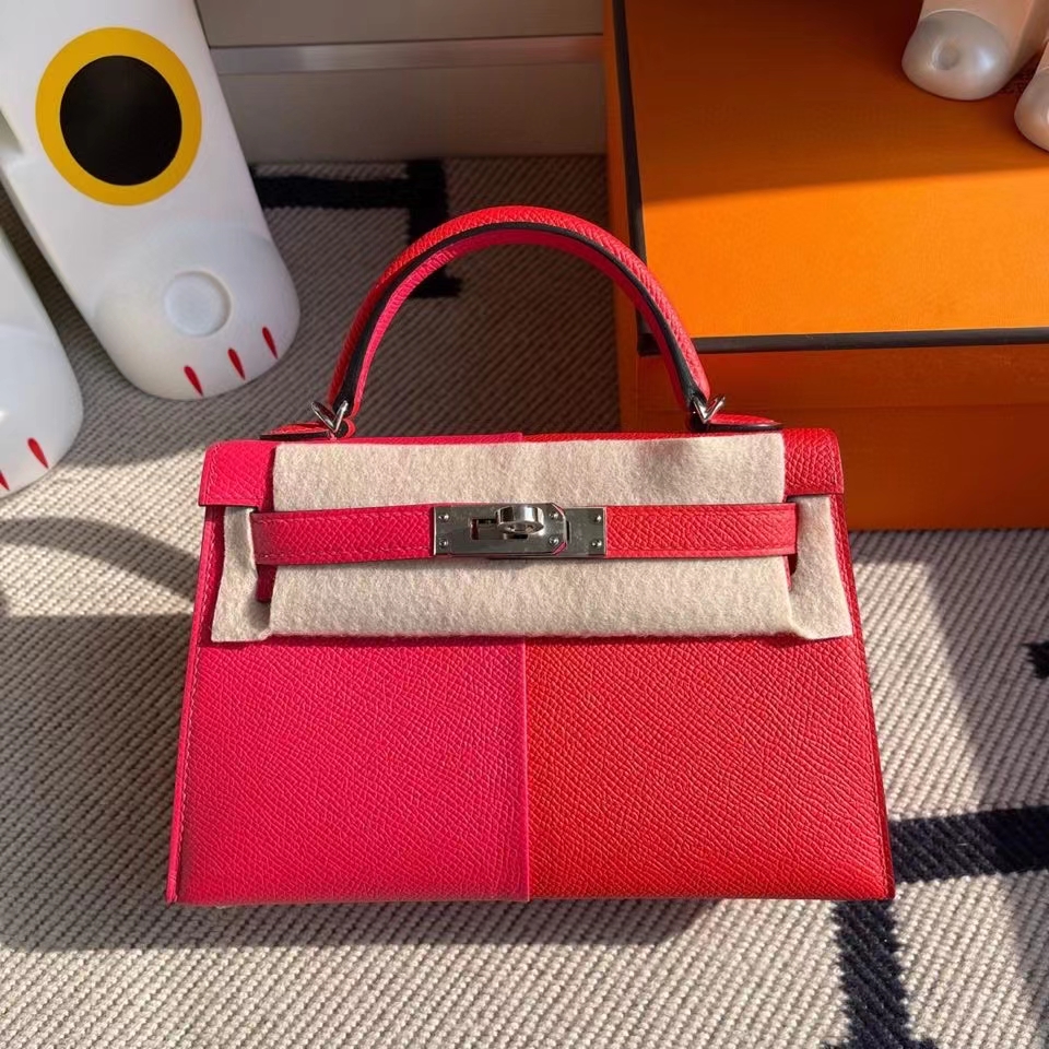 Hermès（爱马仕）Mini kelly ll Epsom 原厂掌纹皮 极致粉心红色 内拼 坦桑尼亚蓝 银扣 顶级手缝 现货