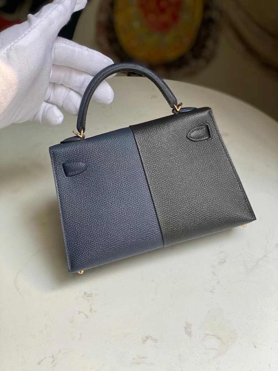 Hermès（爱马仕）Mini kelly ll Epsom 原厂掌纹皮 ck89 黑色午夜蓝 拼 B3坦桑尼亚蓝 金扣 顶级手缝 现货