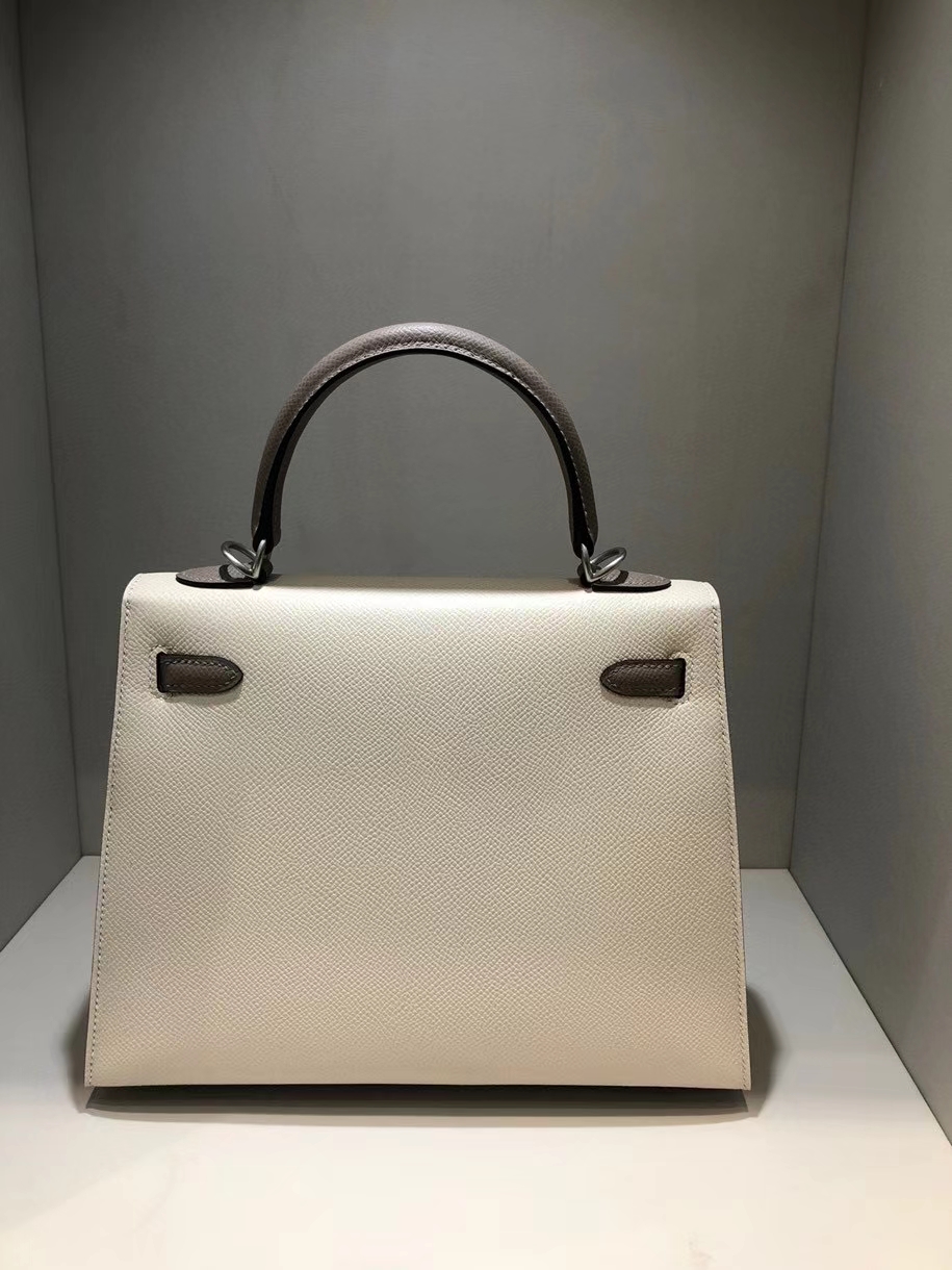 Hermès（爱马仕）Kelly 25cm Epsom 原厂掌纹皮 ck10 奶昔白Craie  M8 沥青灰 gris ashpite 拉丝银扣