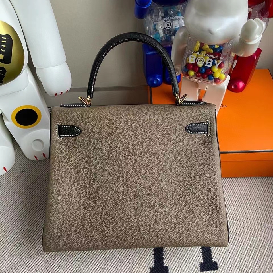 Hermès（爱马仕）Kelly 28cm 原厂小牛皮 togo ck81 斑鸠灰黑色大象灰  白色线 金扣 马蹄印 顶级手缝