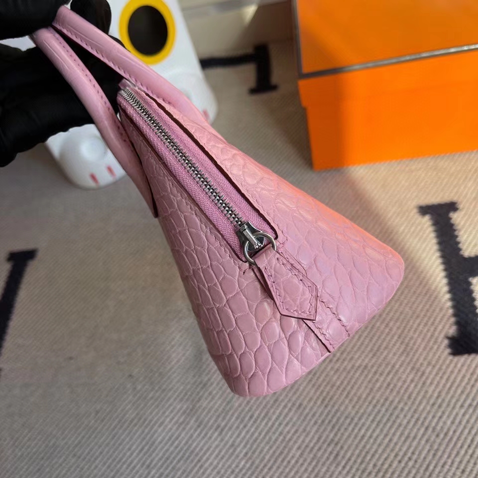 Hermès（爱马仕）Mini Bolide Alligator matt 雾面鳄鱼 5p 樱花粉 银扣 顶级手缝 现货