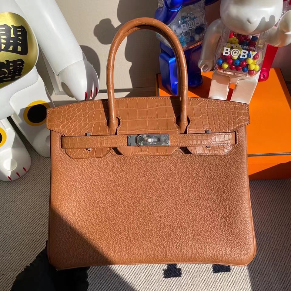 Hermès（爱马仕）Birkin 30cm Touch 系列 金棕色 雾面方块棕色鳄鱼 银扣 顶级手缝 定制