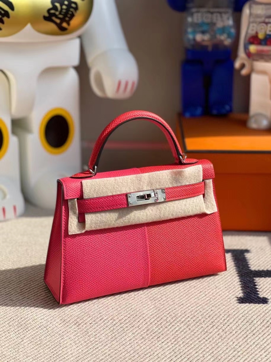 Hermès（爱马仕）Mini kelly ll Epsom 原厂掌纹皮 极致粉心红色 内拼 坦桑尼亚蓝 银扣 顶级手缝 现货