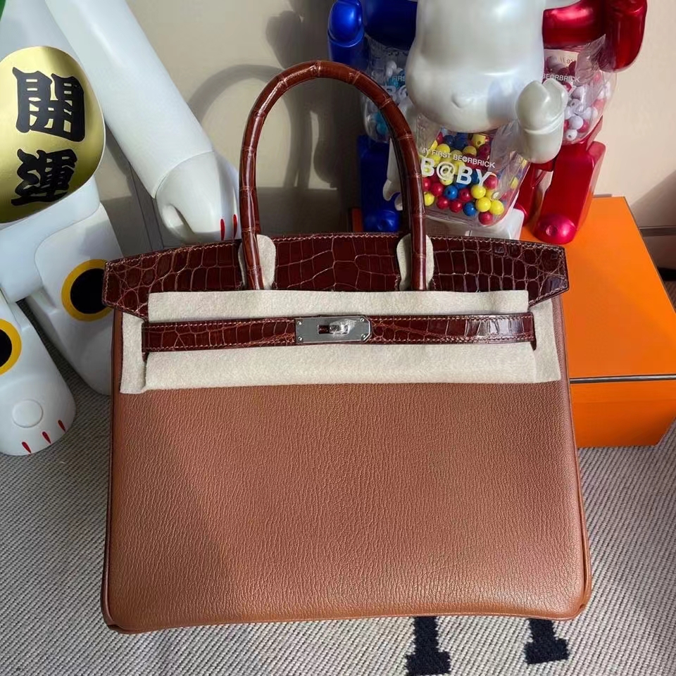 Hermès（爱马仕）Birkin 30cm 山羊皮 Chevre 蜜糖棕拼亮面鳄鱼 蜜糖棕 银扣 顶级手缝 定制