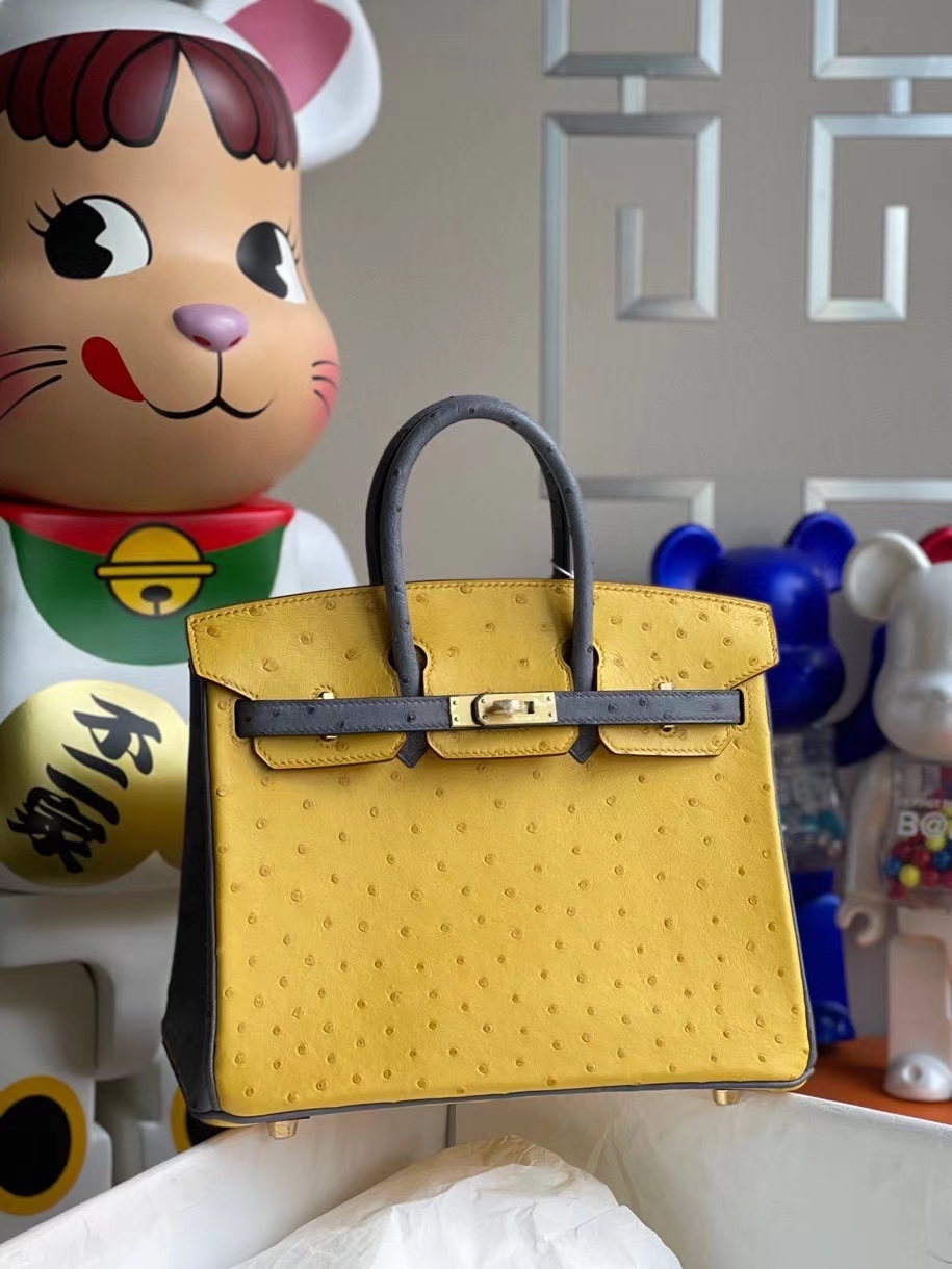 Hermès（爱马仕）Birkin 25cm Ostrich kk鸵鸟9Ｄ琥珀黄 拼 玛瑙灰 金扣 马蹄印 顶级手缝