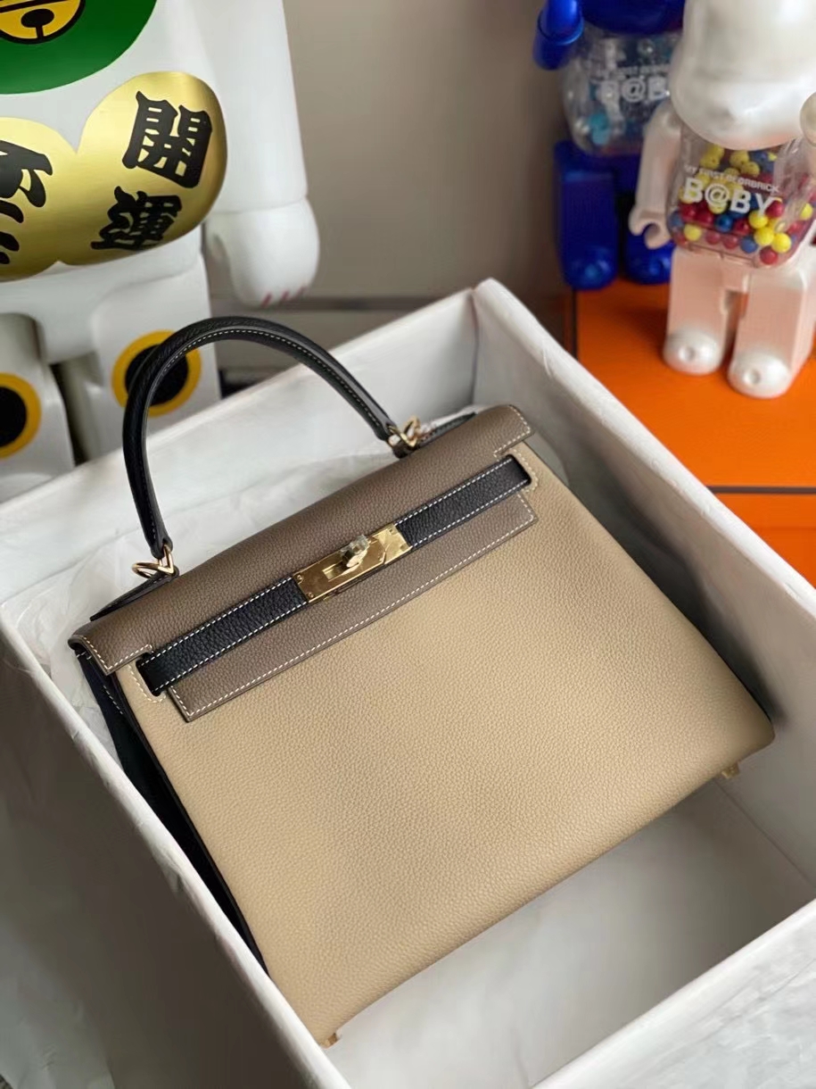 Hermès（爱马仕）Kelly 28cm 原厂小牛皮 togo ck81 斑鸠灰黑色大象灰  白色线 金扣 马蹄印 顶级手缝