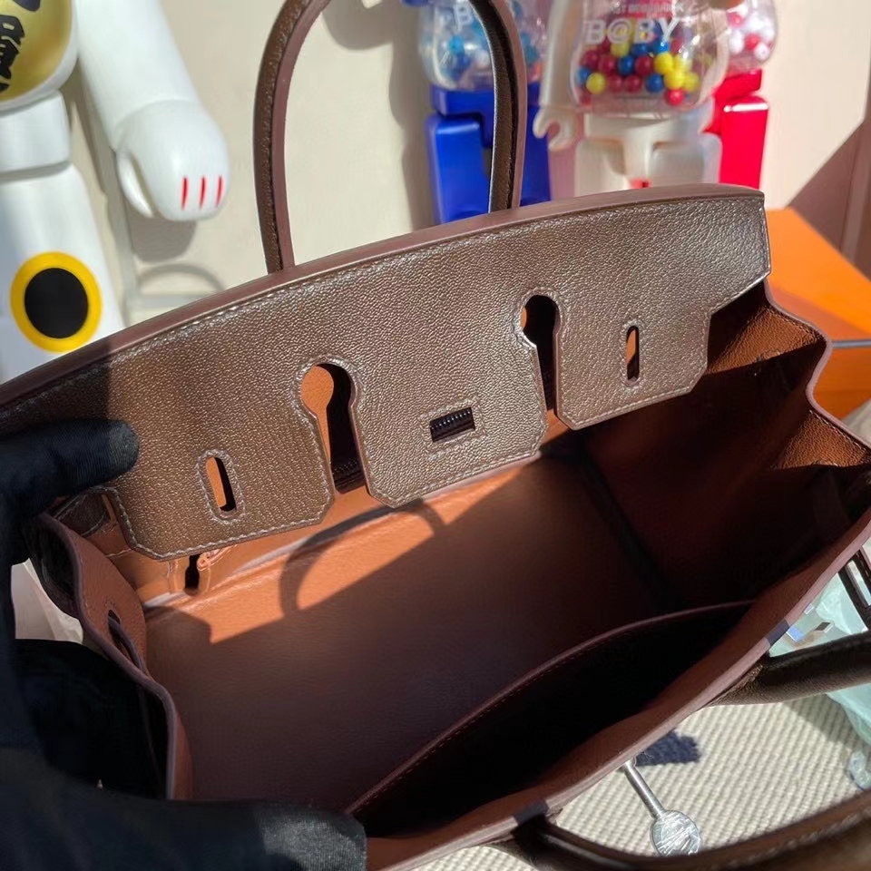 Hermès（爱马仕）Birkin 25cm chevre 山羊皮 乌木色内拼橙色 拉丝银扣 定制