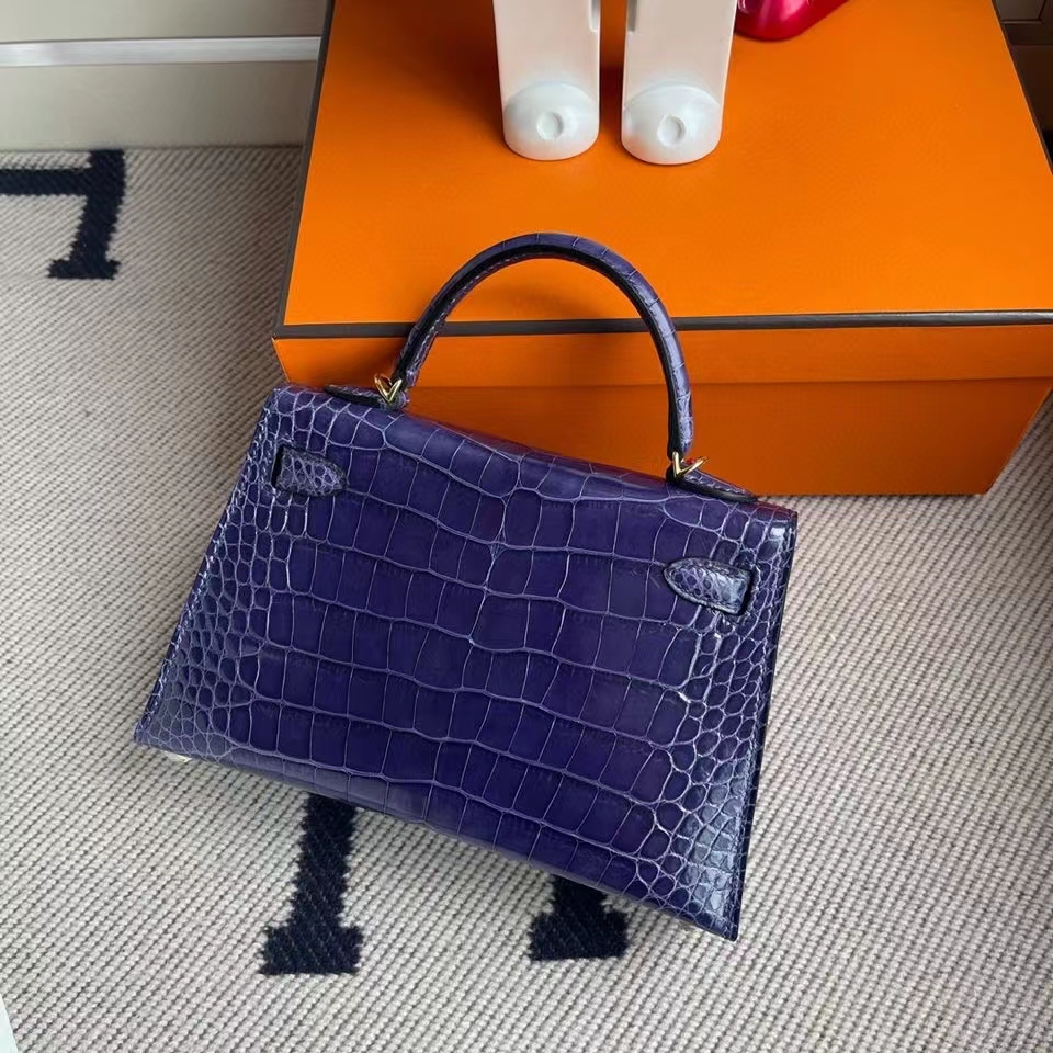 Hermès（爱马仕）Mini kelly ll Alligator shiny 亮面鳄鱼 M3 墨水蓝 金扣 顶级手缝 现货