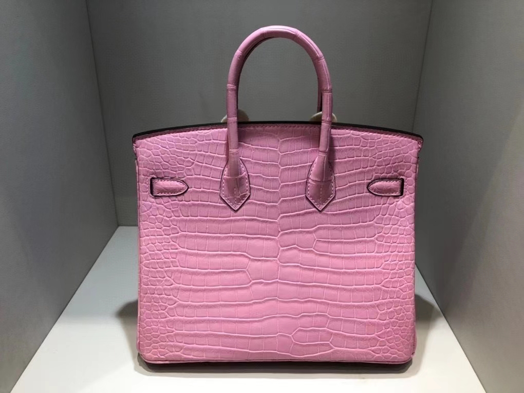 Hermès（爱马仕）Birkin 25cm Porosus shiny 亮面澳洲鳄鱼 5p 樱花粉 银扣 顶级手缝 现货