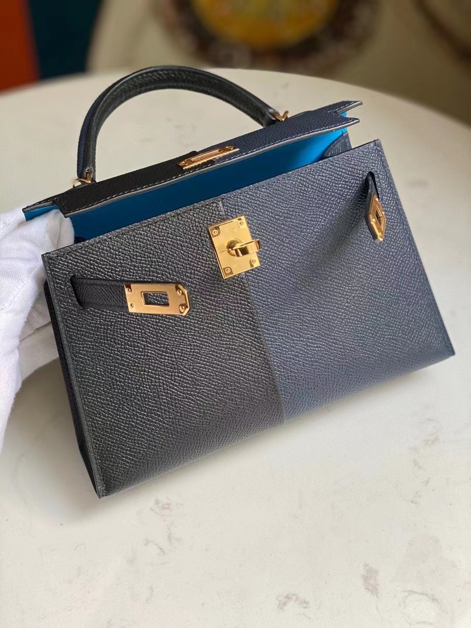 Hermès（爱马仕）Mini kelly ll Epsom 原厂掌纹皮 ck89 黑色午夜蓝 拼 B3坦桑尼亚蓝 金扣 顶级手缝 现货