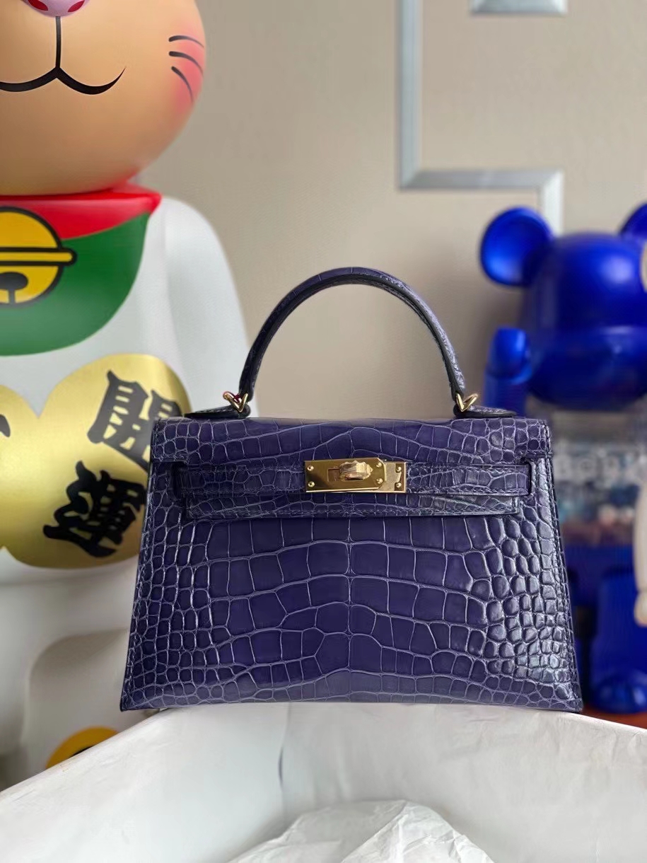 Hermès（爱马仕）Mini kelly ll Alligator shiny 亮面鳄鱼 M3 墨水蓝 金扣 顶级手缝 现货
