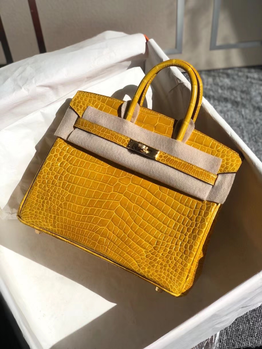 Hermès（爱马仕）Birkin 25cm Porosus shiny 亮面澳洲鳄鱼 9Ｄ 琥珀黄 Ambre 金扣 顶级手缝 现货