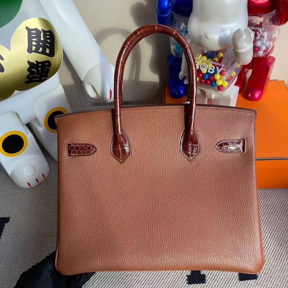 Hermès（爱马仕）Birkin 30cm 山羊皮 Chevre 蜜糖棕拼亮面鳄鱼 蜜糖棕 银扣 顶级手缝 定制